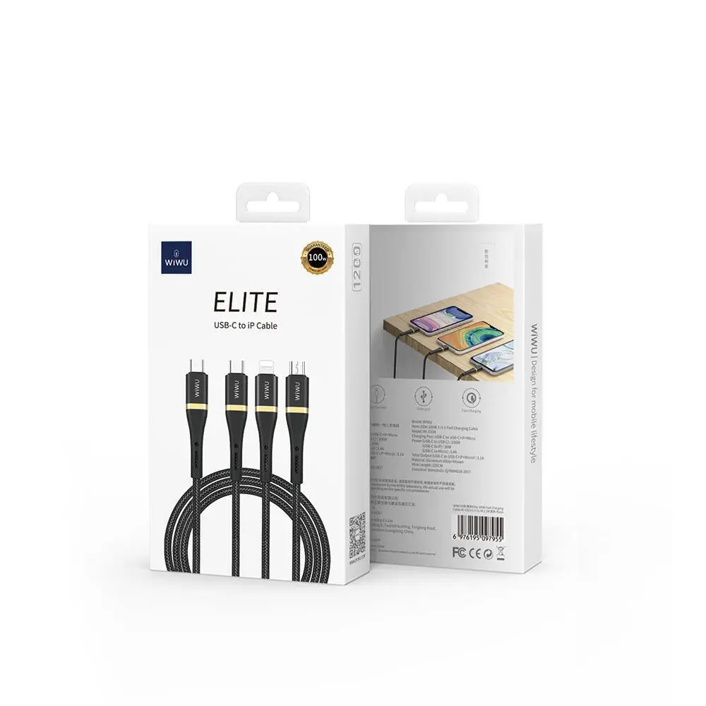Wiwu Wi-C024 Elite 3'ü 1 Arada 100W Şarj Kablosu, 1.2 m