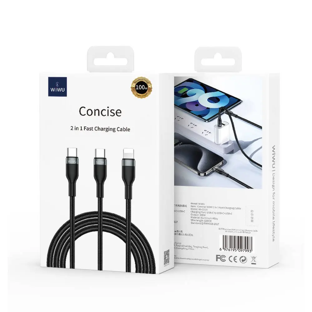 Wiwu Wi-C029 Concise 2'si 1 Arada Type-C to Lightning Şarj ve Data Kablosu, 100W 1.2 m