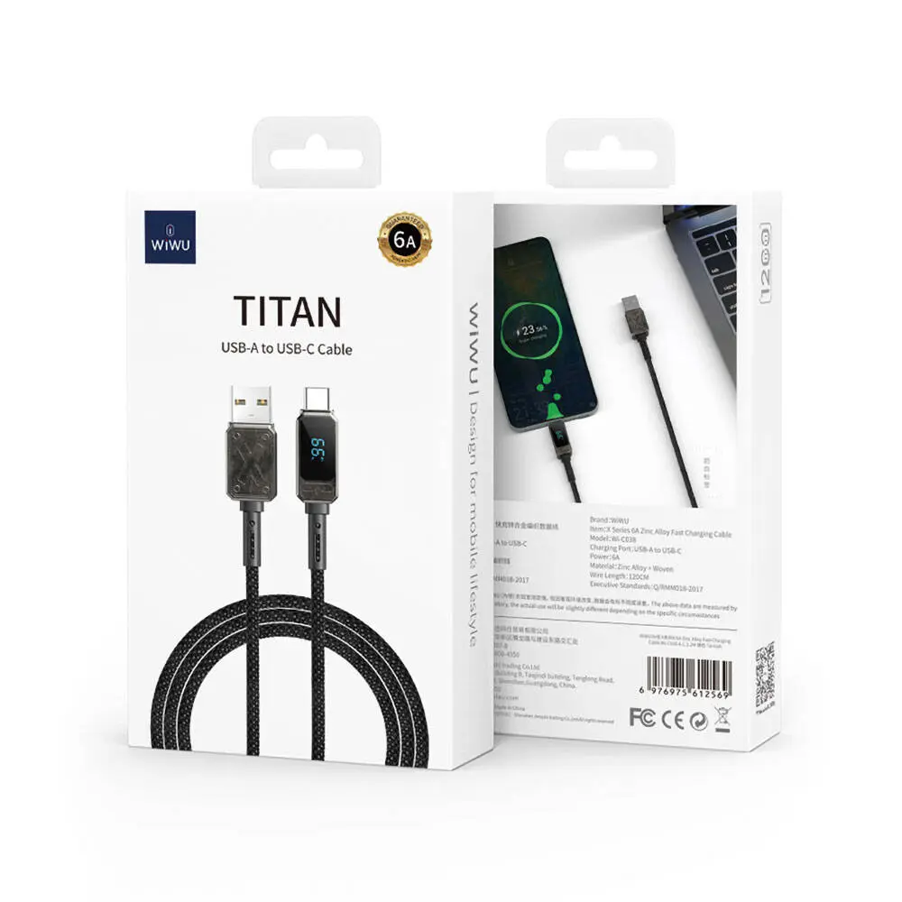 Wiwu Wi-C038 Titan Serisi USB-A to Type-C 6A 66W LED Göstergeli Şarj ve Data Kablosu 1.2 m