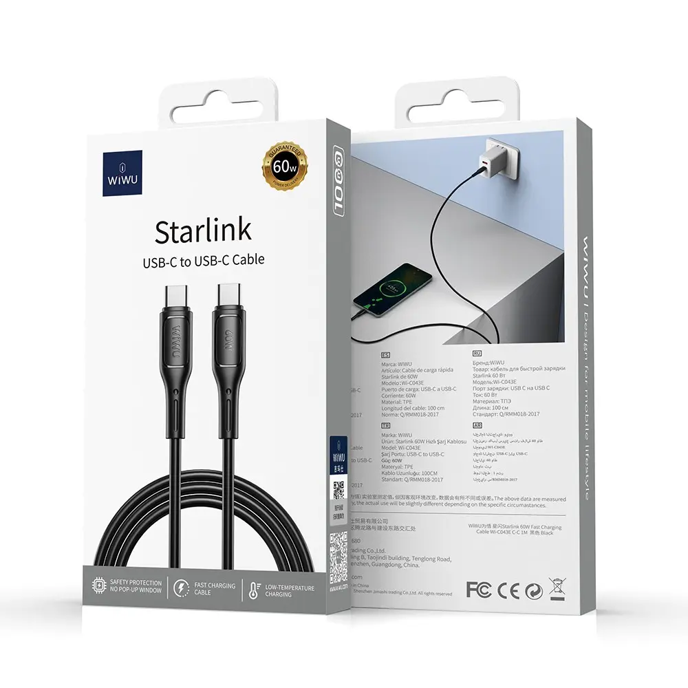 Wiwu Wi-C043E Starlink Type-C to Type-C Şarj ve Data Kablosu, 60W 1 m