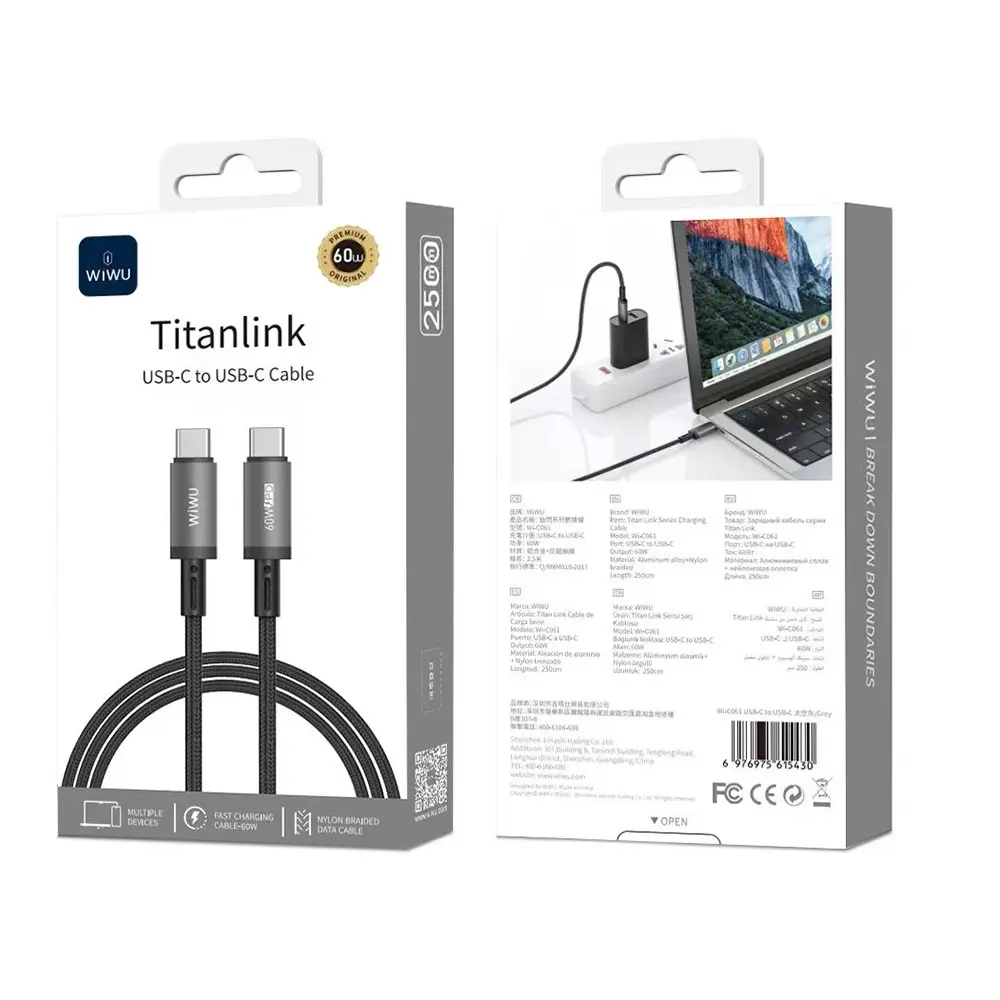Wiwu Wi-C061 Titanlink Type-C to Type-C 60W PD Şarj ve Data Kablosu, 2.5 m