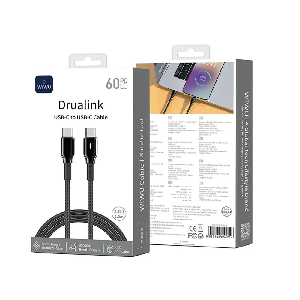 Wiwu Wi-C075 Drualink Type-C to Type-C 60W PD Şarj Kablosu, 1 m