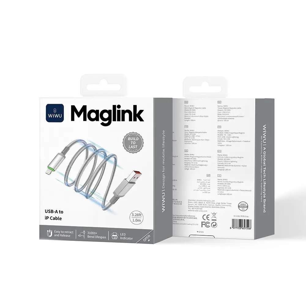 Wiwu Wi-C081 Maglink USB-A to Lightning Işıklı Şarj ve Data Kablosu 1 m
