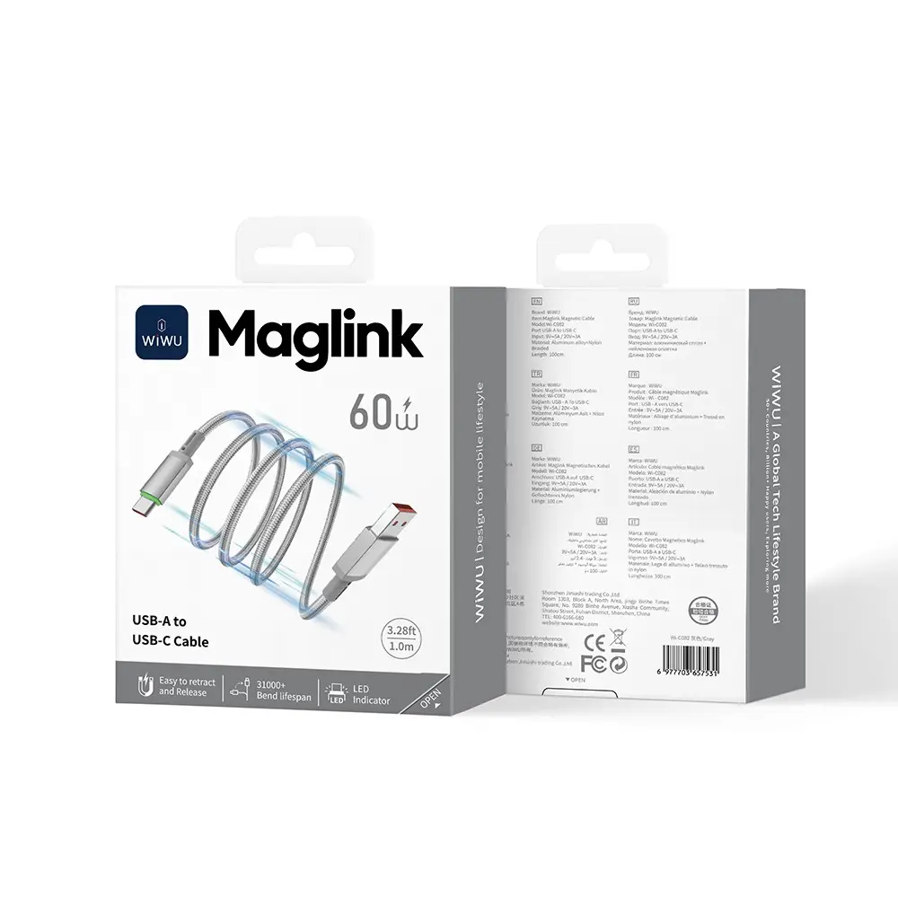 Wiwu Wi-C082 Maglink USB-A to Type-C Şarj ve Data Kablosu, 60W 1 m