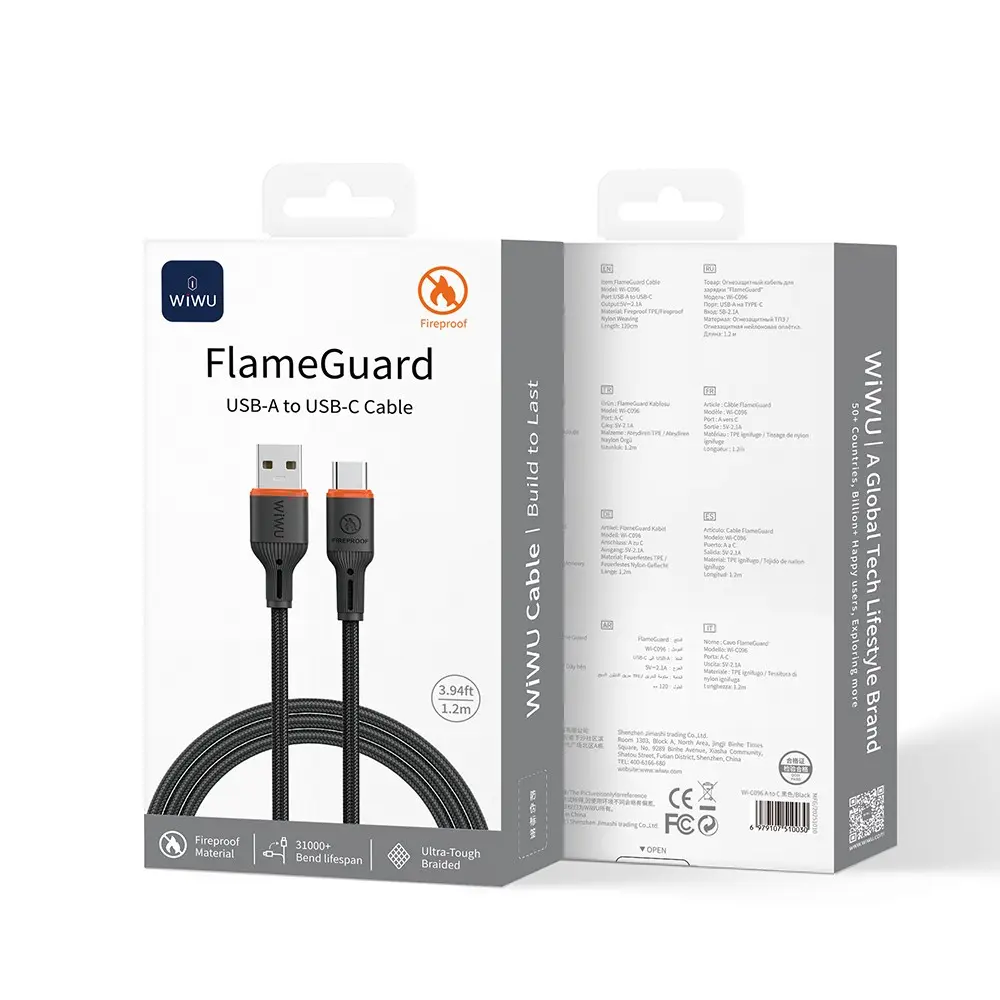 Wiwu Wi-C096 Flame Guard USB-A to Type-C Şarj ve Data Kablosu, 1.2 m