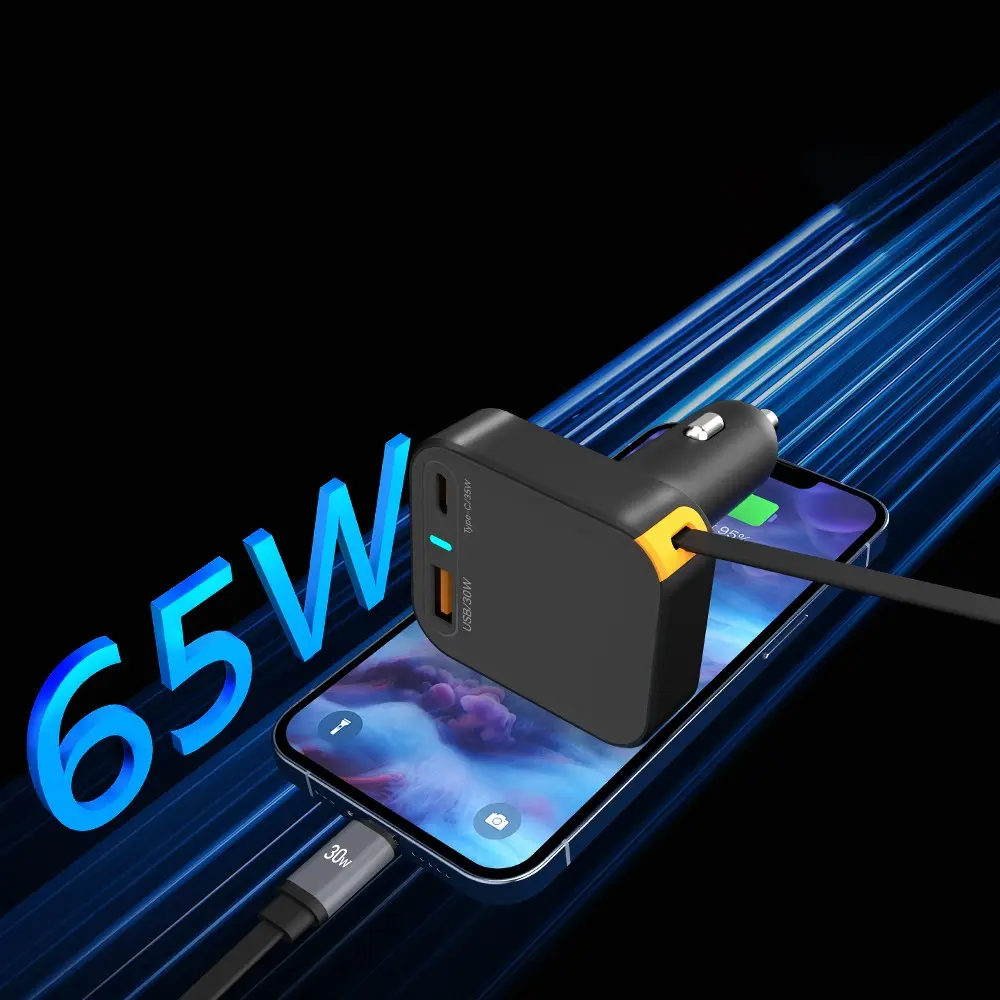 Wiwu Wi-CC033 65W Type-C + USB-A Araç Şarj Aleti, Dahili Kablolu