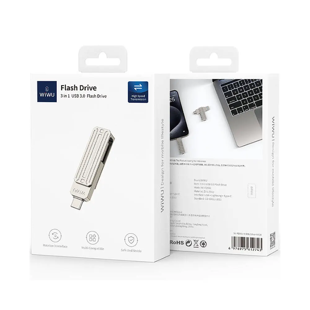 Wiwu Wi-FD001 3'ü 1 Arada USB 3.2 Flash Bellek, 128 GB USB-A + Lightning + Type-C
