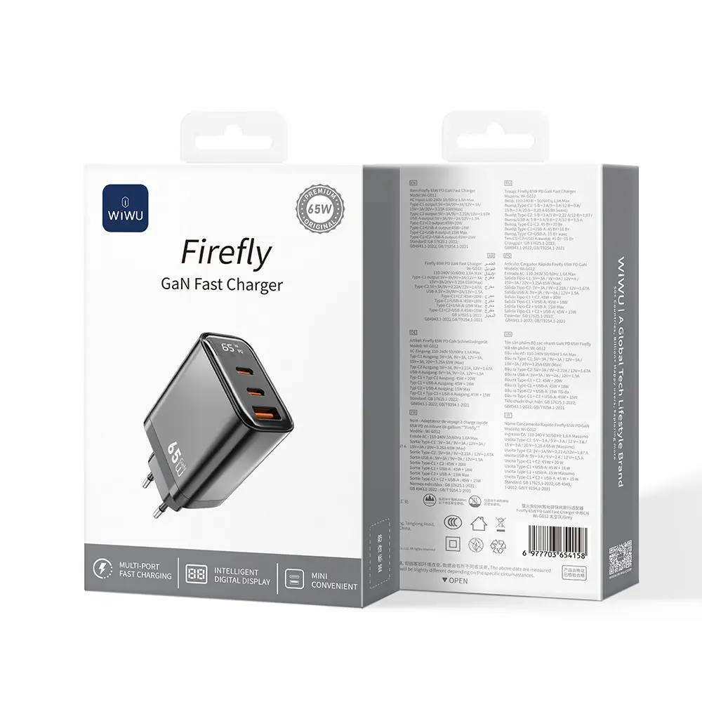 Wiwu Wi-G012 Firefly GaN 65W Hızlı Şarj Adaptörü, Çift Type-C ve USB-A