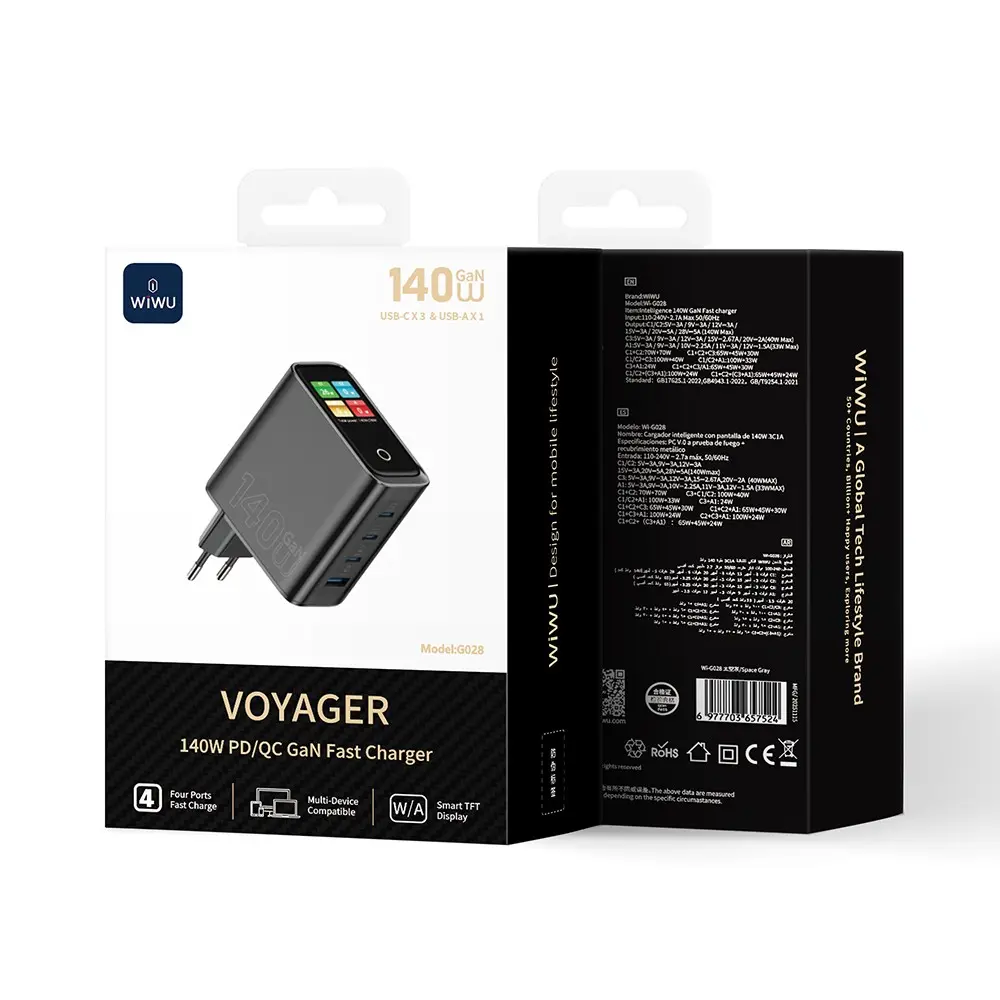 Wiwu Wi-G028 Voyager GaN Şarj Adaptörü, 140W PD/QC ve TFT Göstergeli