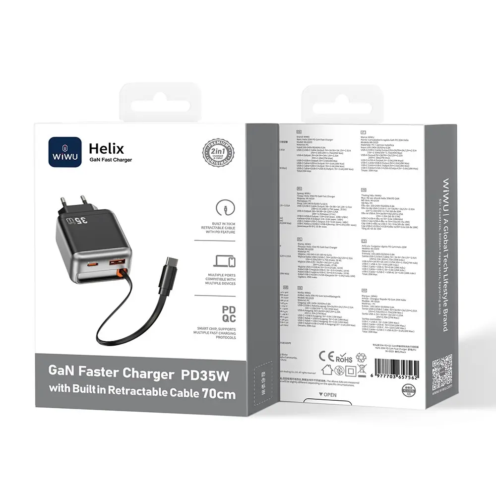 Wiwu Wi-G029 Helix GaN 35W PD Hızlı Şarj Adaptörü, 70 cm Type-C Kablolu