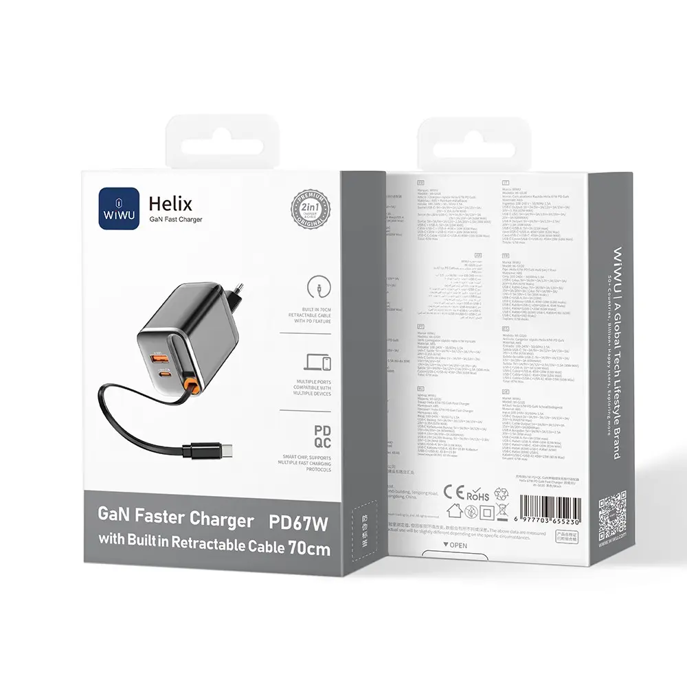 Wiwu Wi-G020 Helix GaN 67W Hızlı Şarj Adaptörü, USB-C ve USB-A Çıkışlı
