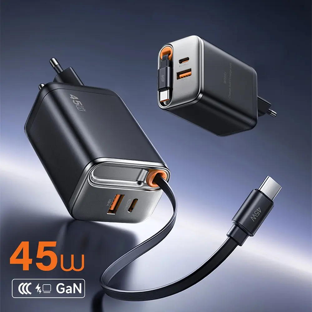 Wiwu Wi-G021 Helix GaN 45W Hızlı Şarj Adaptörü, Geri Çekilebilir Type-C Kablo