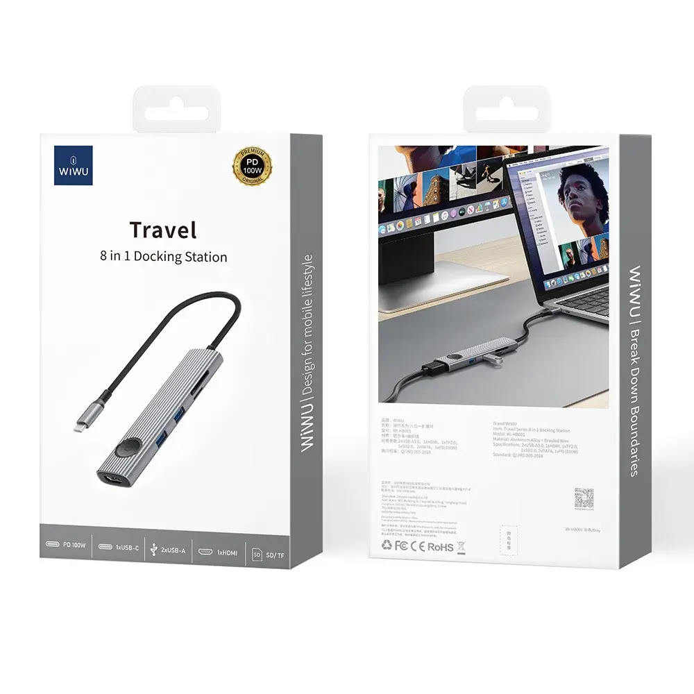 Wiwu Wi-HB8001 Travel 8'i 1 Arada USB-C Hub, 4K 60Hz HDMI ve 100W PD