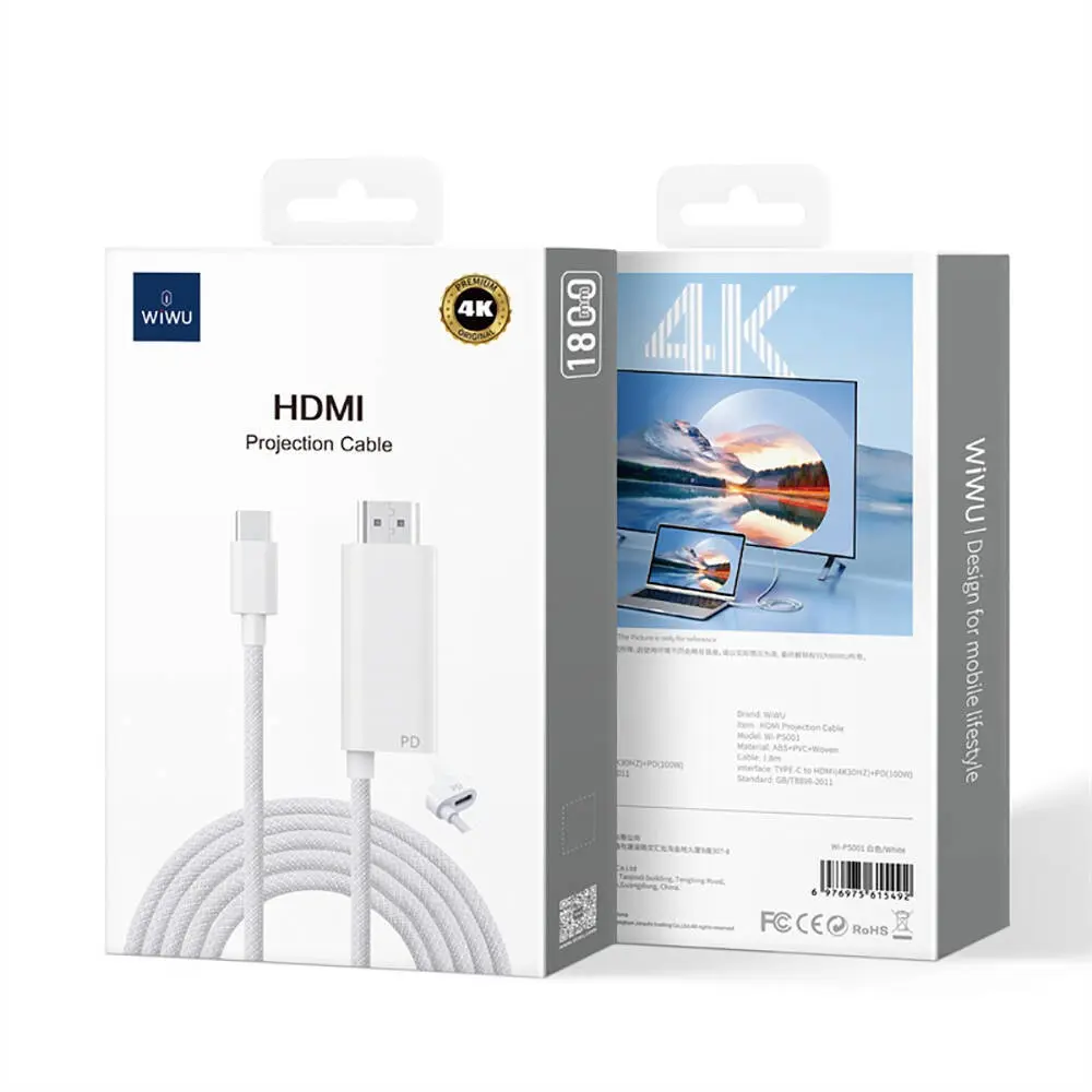 Wiwu Wi-PS001 Type-C to HDMI 4K 60Hz PD Şarj ve Projeksiyon Kablosu 1.8 m