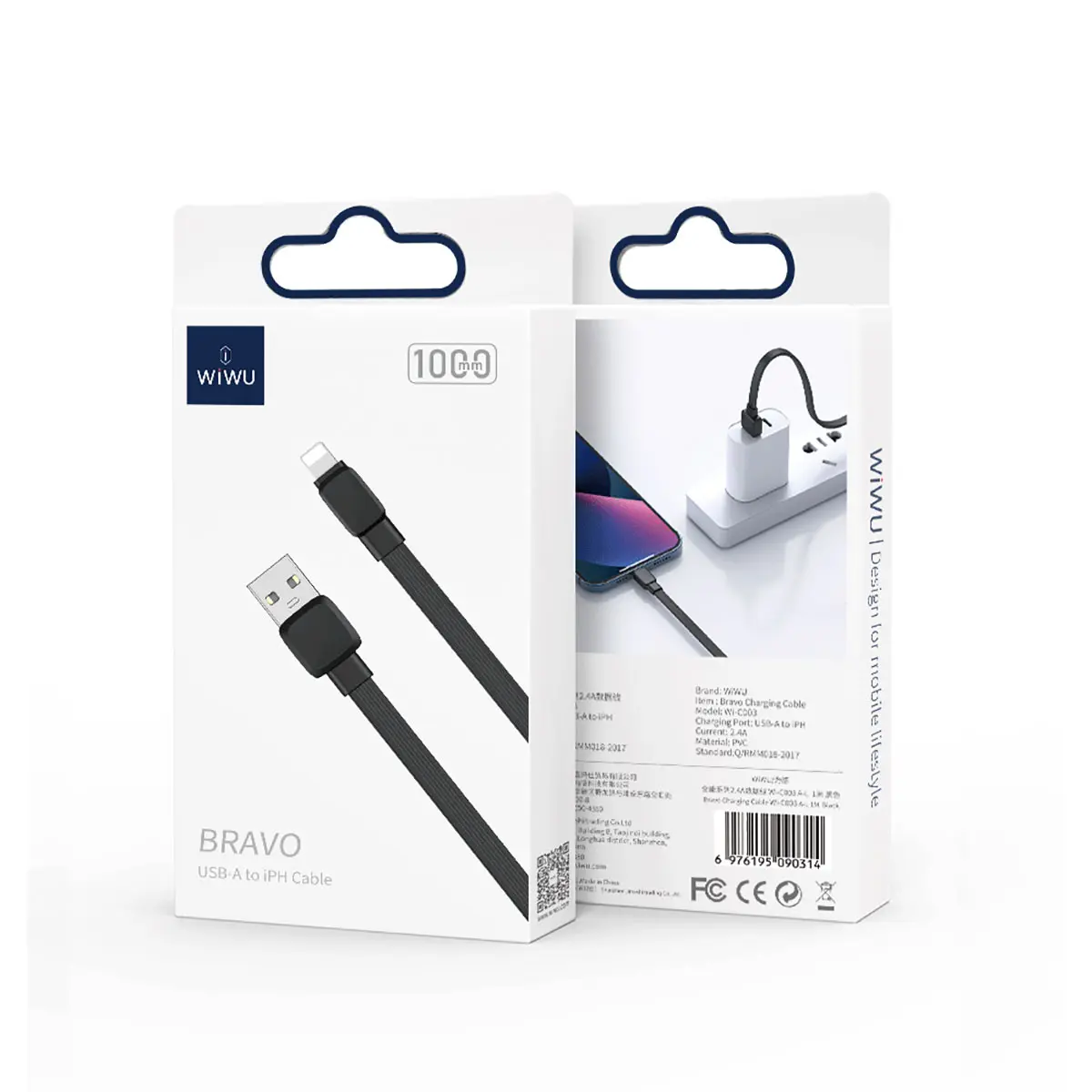 Wiwu Bravo Wİ-C003 USB-A to Lightning Şarj Kablosu, 1 m Yassı Tasarım