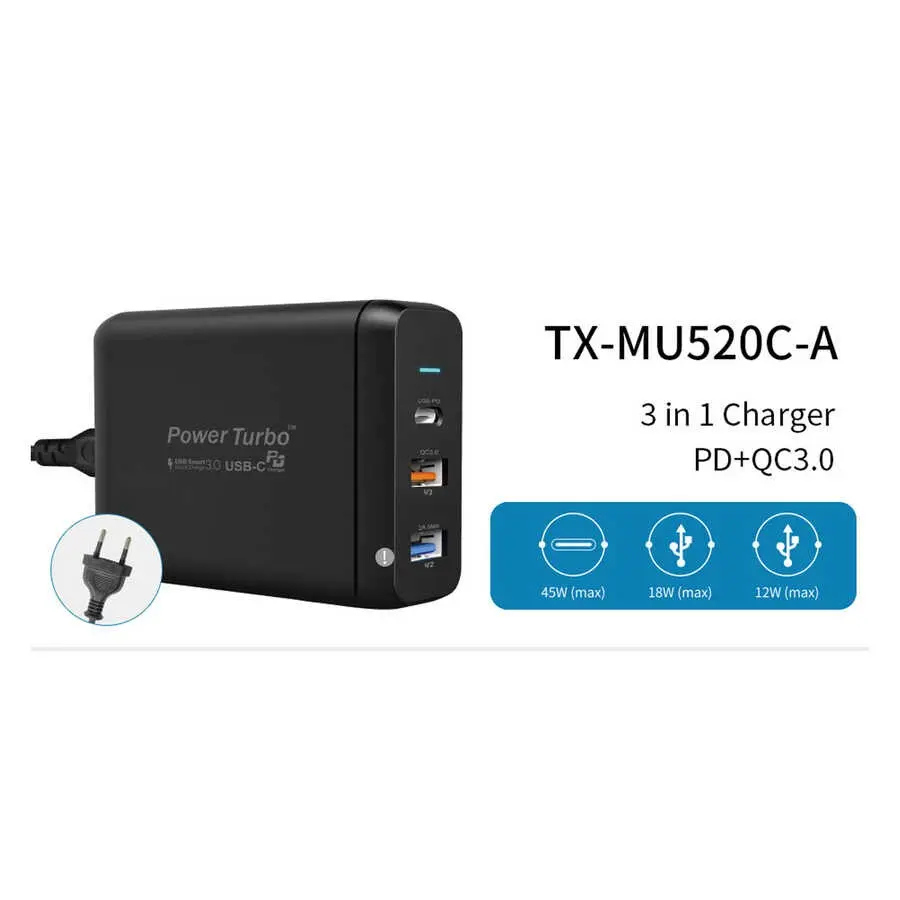 Wiwu PD Power Turbo TX-MU520C-A Şarj Adaptörü, 45 W PD ve QC 3.0