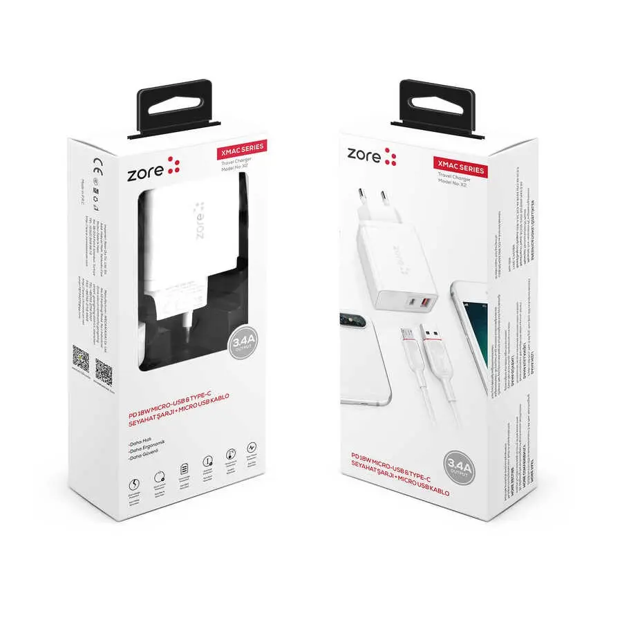 Zore XMac ZR-X2 Micro 2 in 1 Şarj Seti, USB-A ve PD Çıkışlı