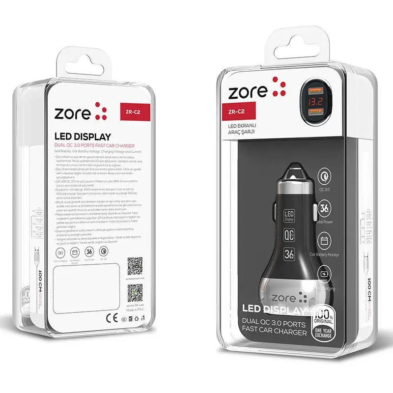 Zore ZR-C2 Type-C 2'si 1 Arada Araç Şarj Seti, 36 W QC 3.0