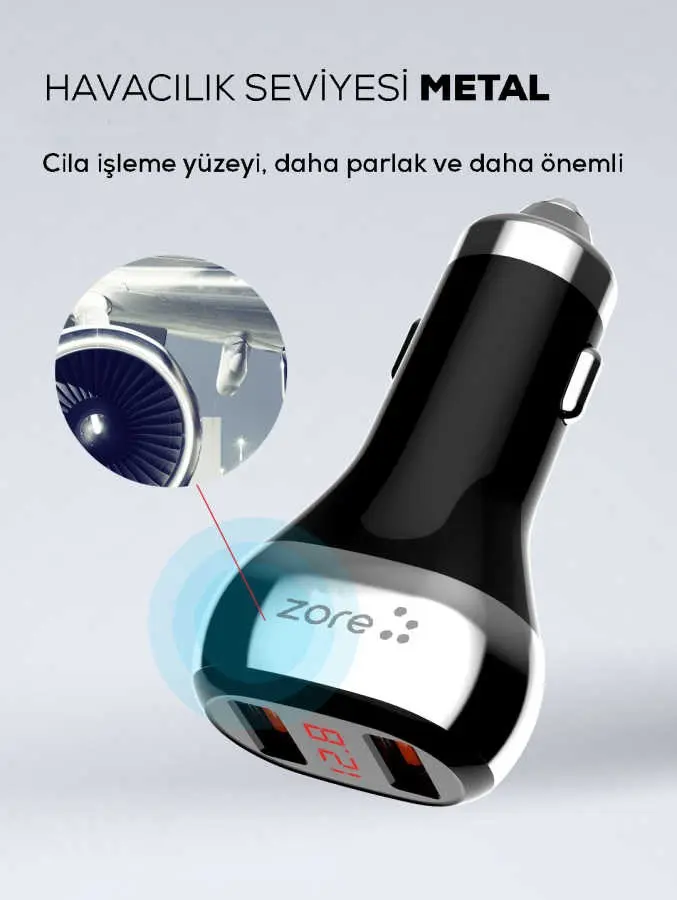 Zore ZR-C2 Type-C 2'si 1 Arada Araç Şarj Seti, 36 W QC 3.0