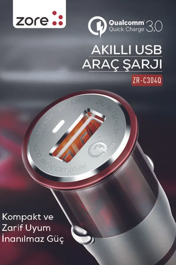 Zore ZR-C304Q Micro Araç Şarj Seti, QC 3.0 ve 3A Akım