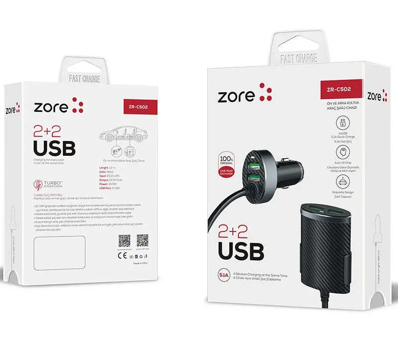 Zore ZR-C502 2+2 Araç Şarj Seti, 4 USB Çıkışlı ve 120 cm Kablo