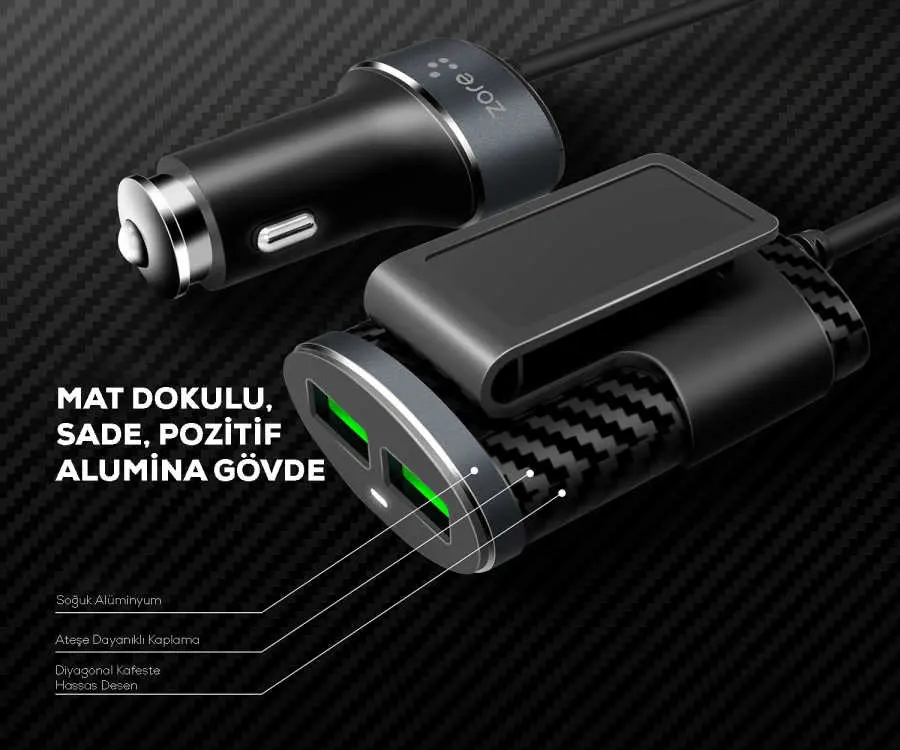 Zore ZR-C502 2+2 Araç Şarj Seti, 4 USB Çıkışlı ve 120 cm Kablo