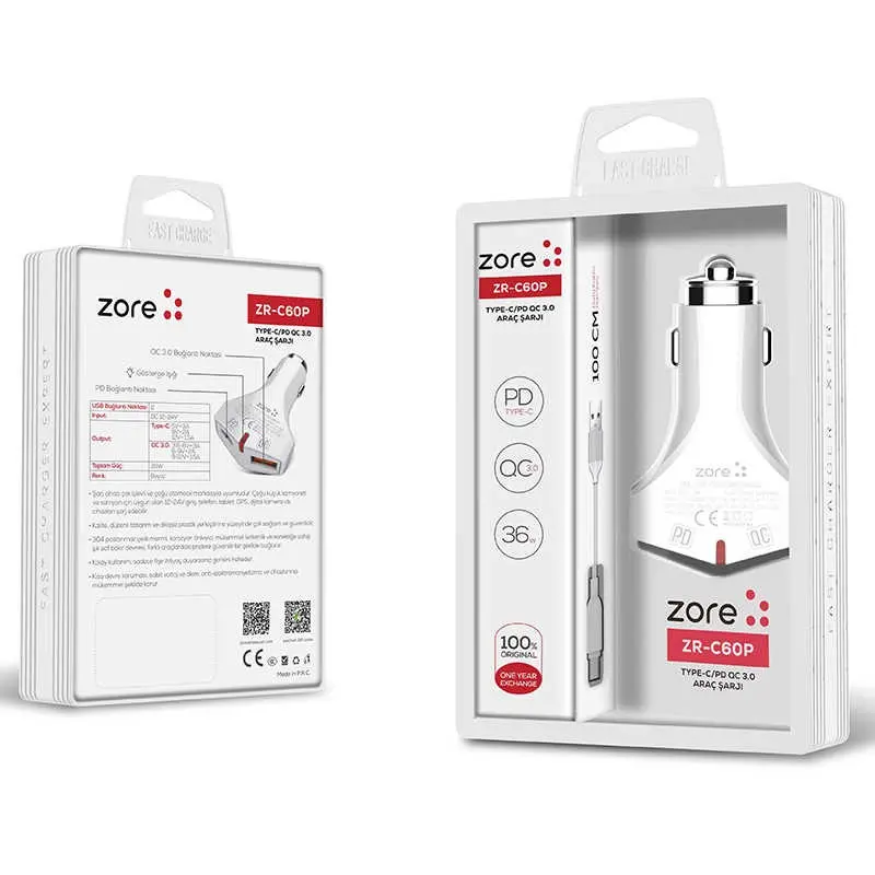 Zore ZR-C60P Type-C 2'si 1 Arada Araç Şarj Seti, 36 W ve QC 3.0