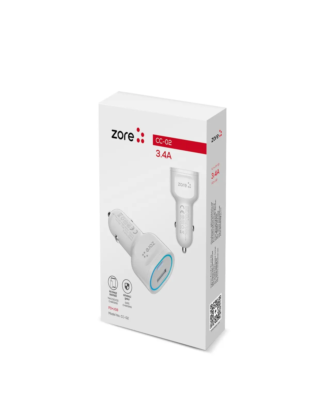 Zore CC-02 Araç Şarj Başlığı, USB-A QC 3.0 ve Type-C PD 20W