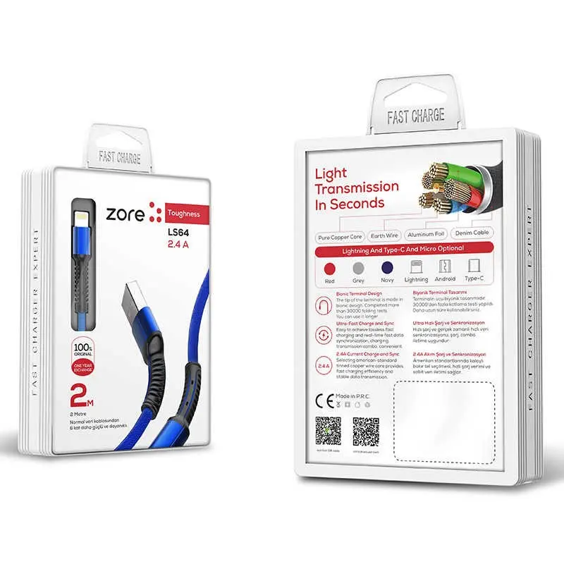 Zore LS64 Lightning USB Şarj ve Data Kablosu, 2 Metre