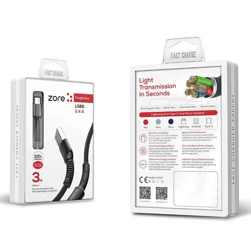 Zore LS65 Type-C Şarj ve Data Kablosu, 3 Metre, 2.4A