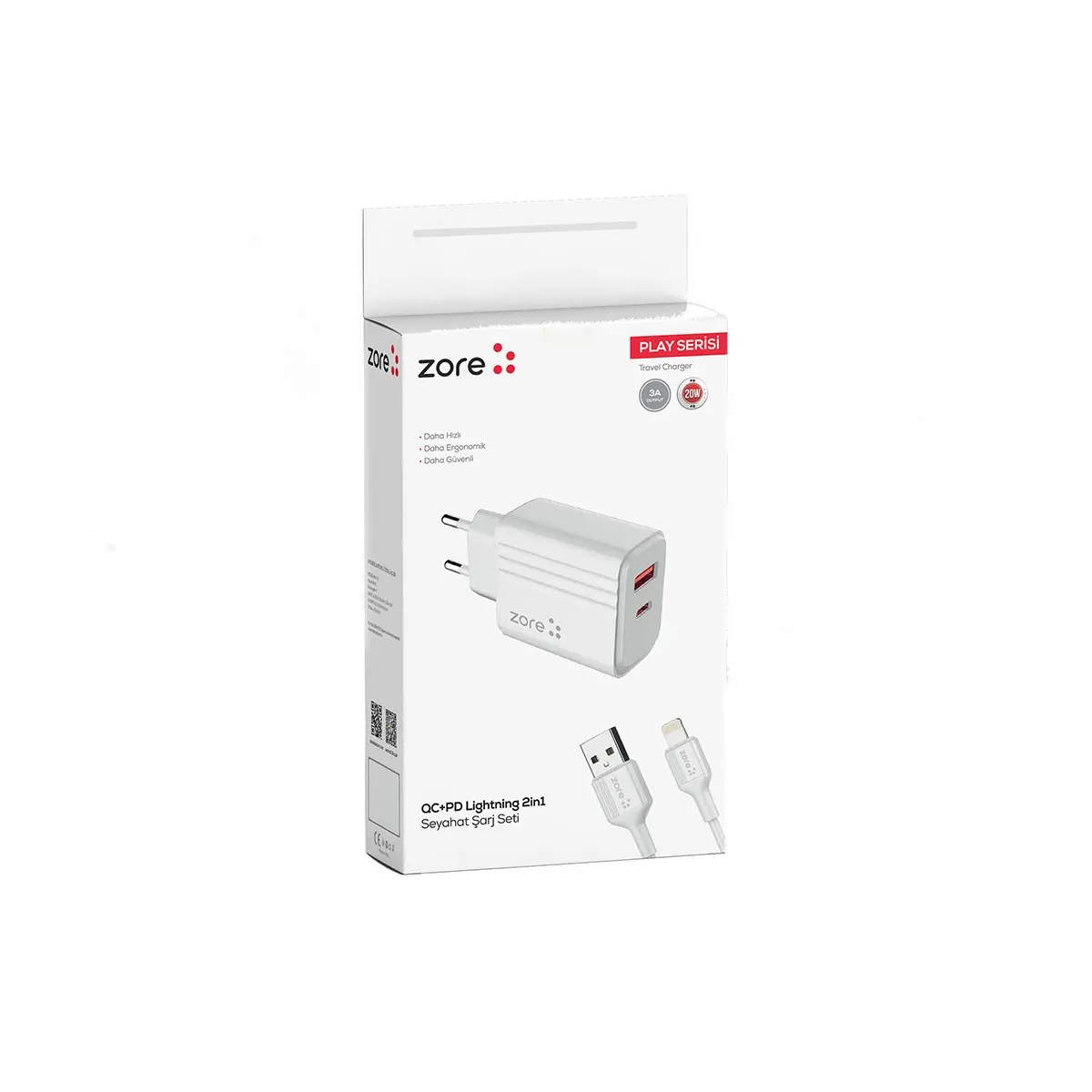 Zore Play Serisi PL05 20W USB-C PD ve Lightning Çıkışlı Seyahat Şarj Aleti
