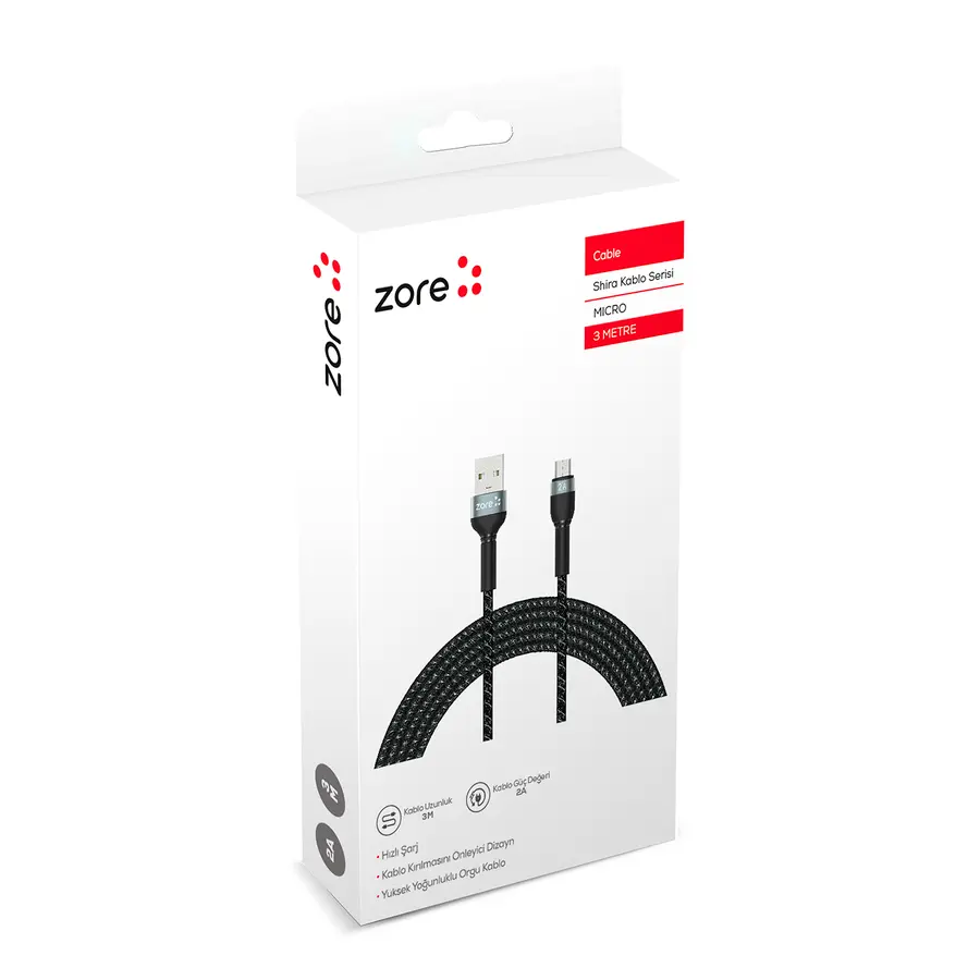 Zore Shira Serisi Micro USB Şarj ve Data Kablosu, 3 m